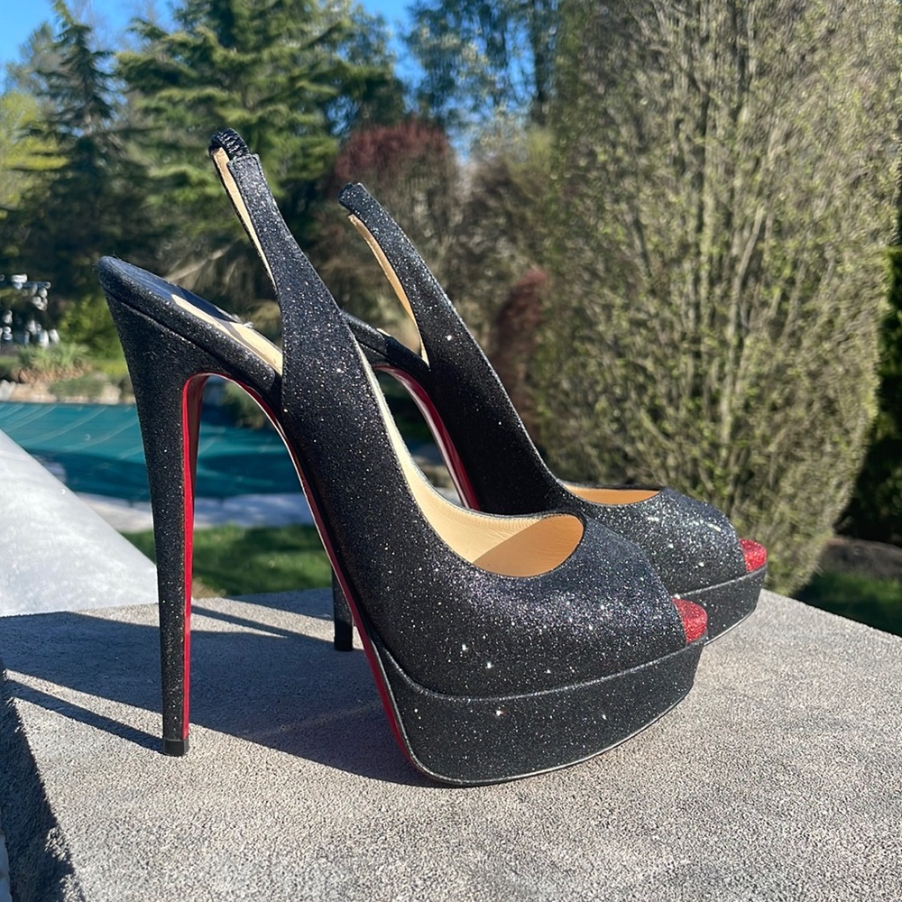 Christian Louboutin lady peep sling black glitter stiletto sz 39